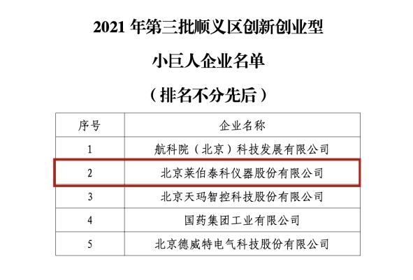 萊伯泰科儀器順利上榜“專精特新”小巨人企業(yè)和順義區(qū)創(chuàng)新創(chuàng)業(yè)型小巨人企業(yè)